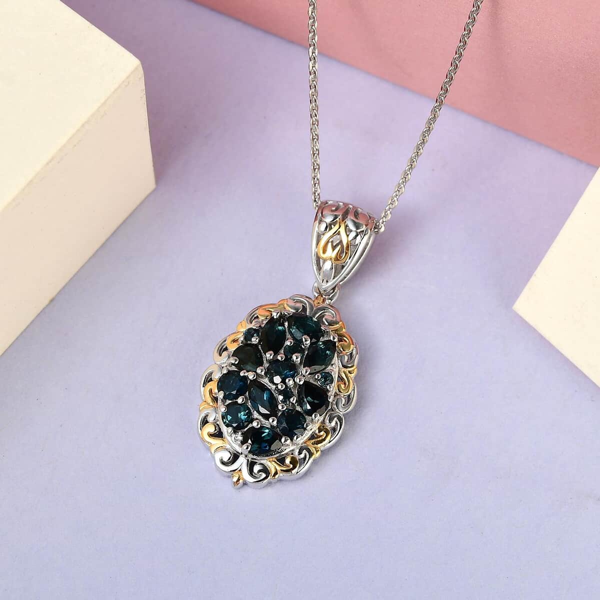 Premium Monte Belo Indicolite and Natural White Zircon Pendant Necklace 20 Inches in Vermeil YG and Platinum Over Sterling Silver 1.50 ctw image number 1