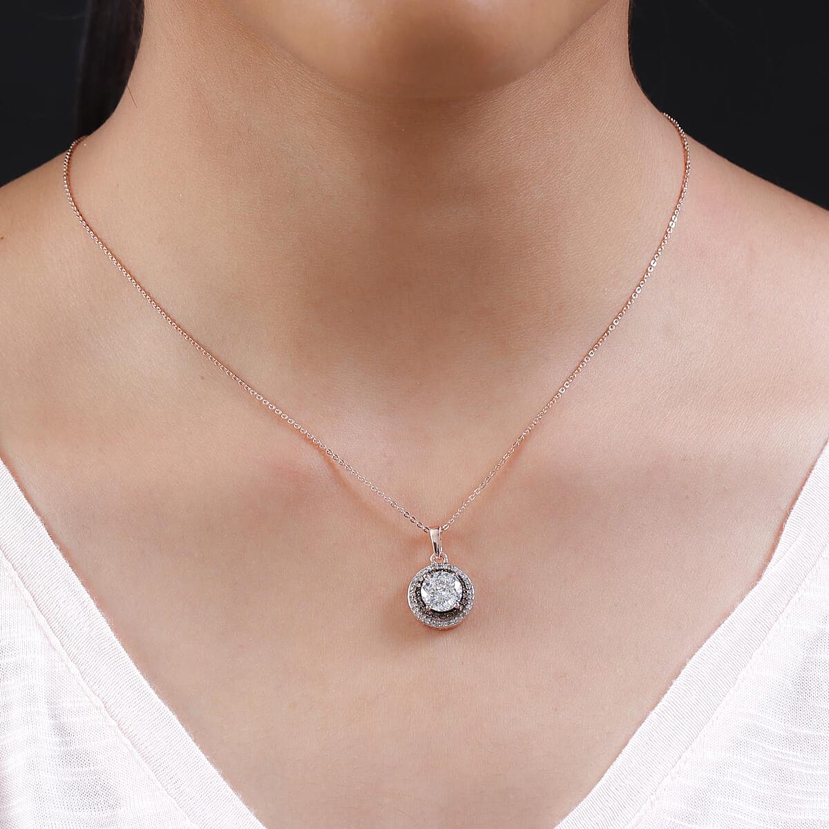 120 Facet Moissanite, Natural Champagne and White Diamond Double Halo Pendant Necklace 20 Inches in Vermeil RG Over Sterling Silver 2.10 ctw image number 2