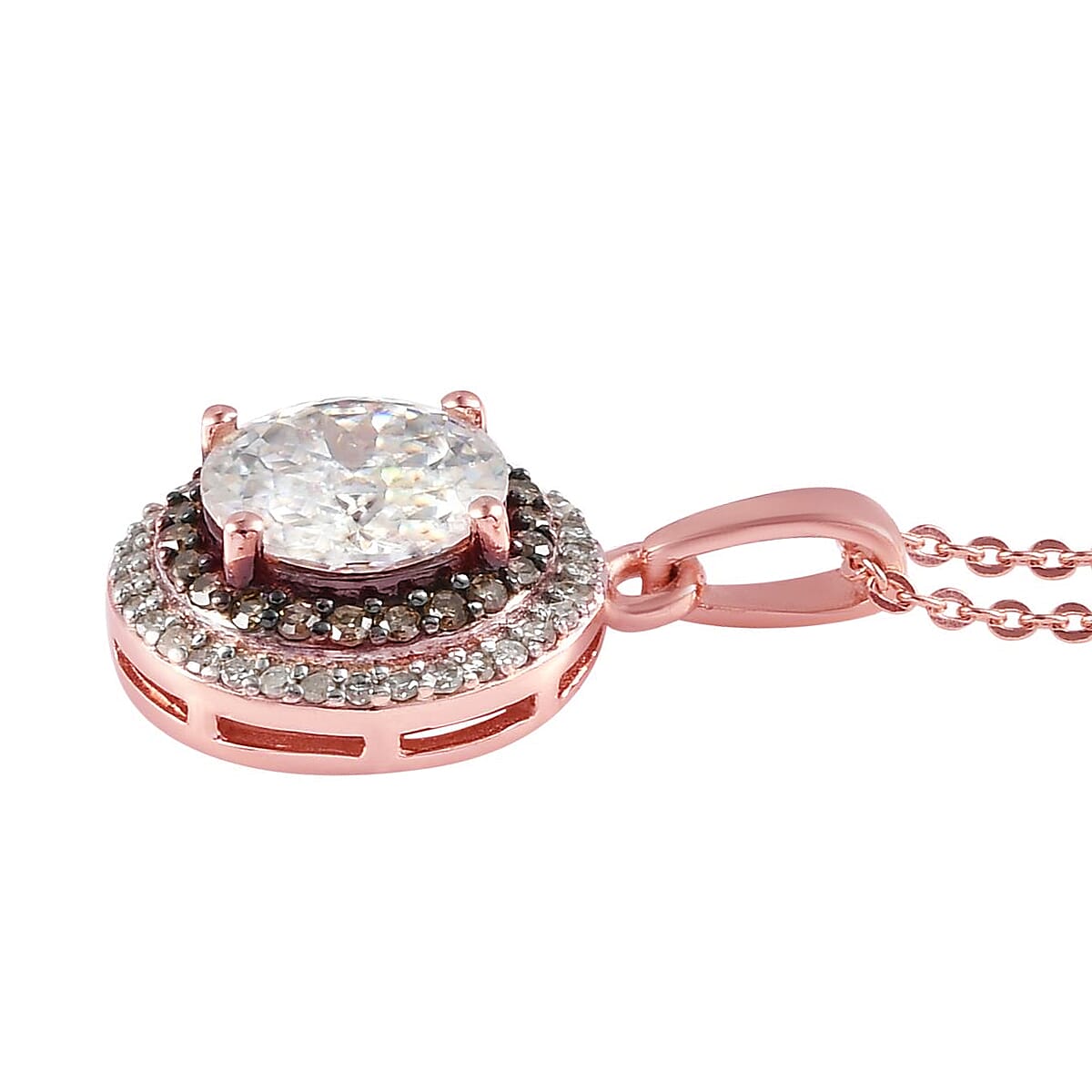 120 Facet Moissanite, Natural Champagne and White Diamond Double Halo Pendant Necklace 20 Inches in Vermeil RG Over Sterling Silver 2.10 ctw image number 3