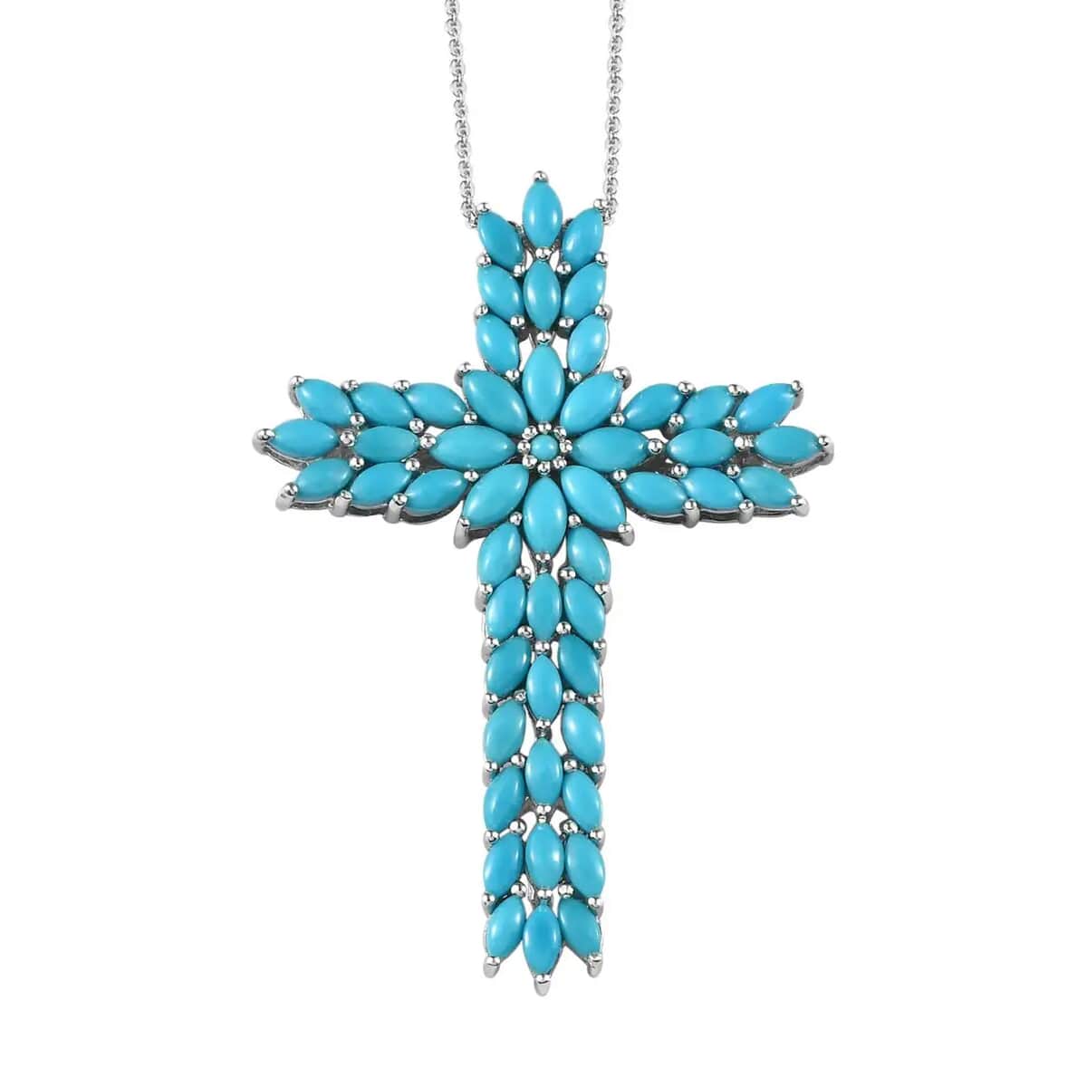 Sleeping Beauty Turquoise Cross Pendant Necklace (20 Inches) in Platinum Over Sterling Silver image number 0