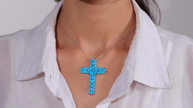 Sleeping Beauty Turquoise Cross Pendant Necklace (20 Inches) in Platinum Over Sterling Silver