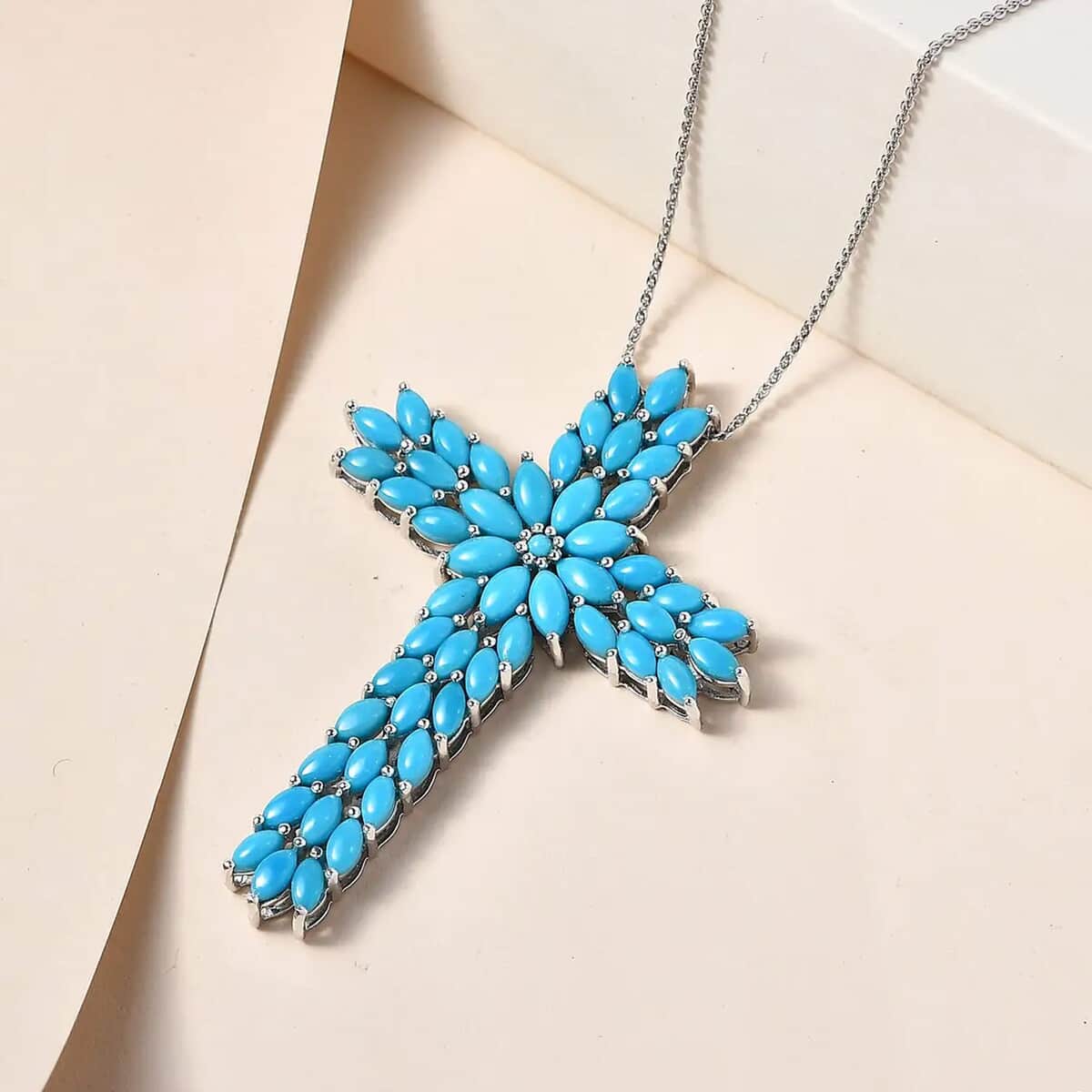 Sleeping Beauty Turquoise Cross Pendant Necklace (20 Inches) in Platinum Over Sterling Silver image number 1