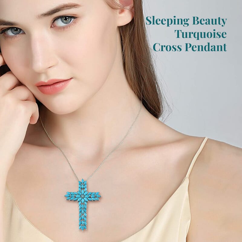 Sleeping Beauty Turquoise Cross Pendant Necklace (20 Inches) in Platinum Over Sterling Silver