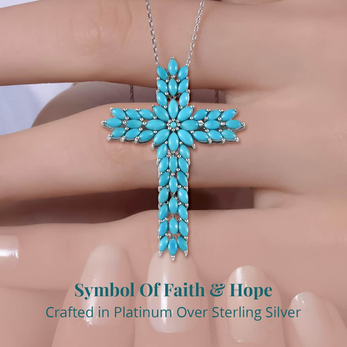 Sleeping Beauty Turquoise Cross Pendant Necklace (20 Inches) in Platinum Over Sterling Silver image number 3