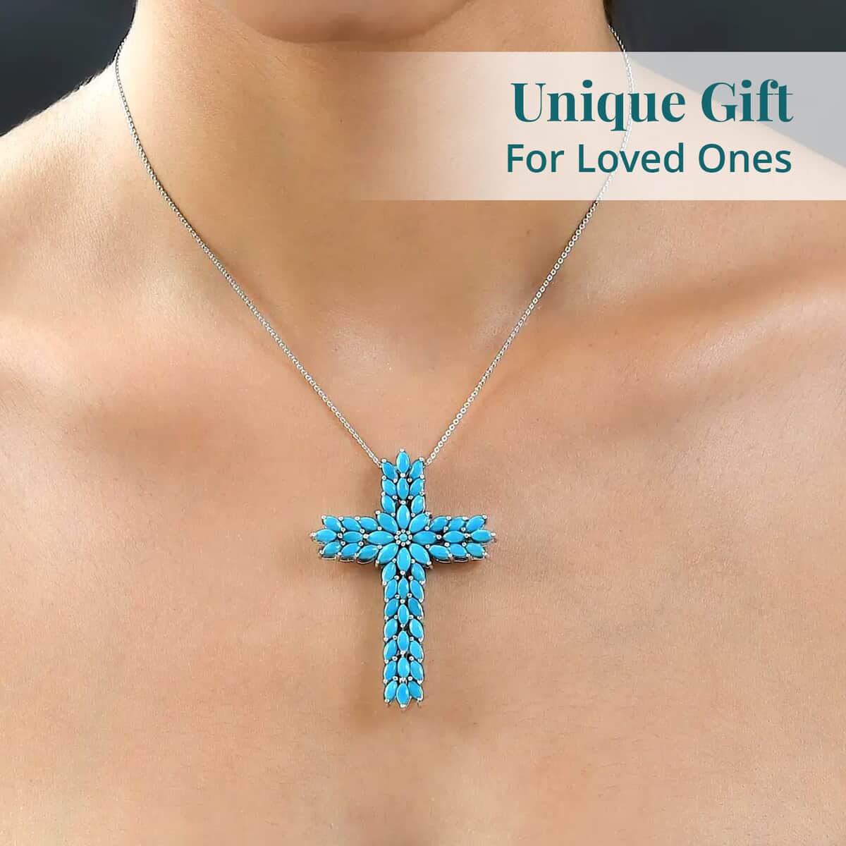 Sleeping Beauty Turquoise Cross Pendant Necklace (20 Inches) in Platinum Over Sterling Silver image number 4