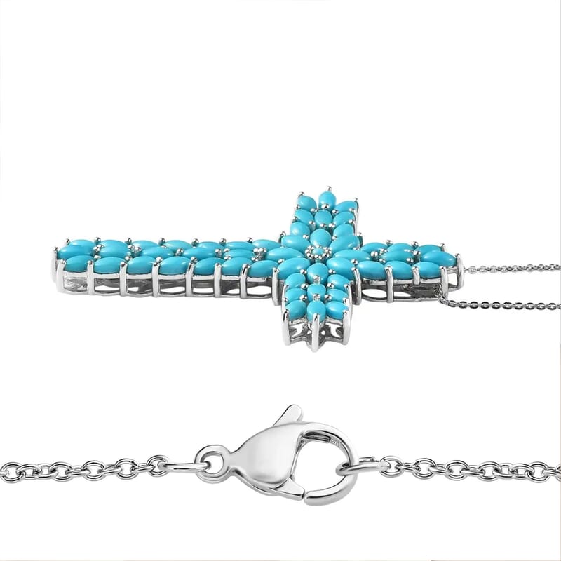 Sleeping Beauty Turquoise Cross Pendant Necklace (20 Inches) in Platinum Over Sterling Silver