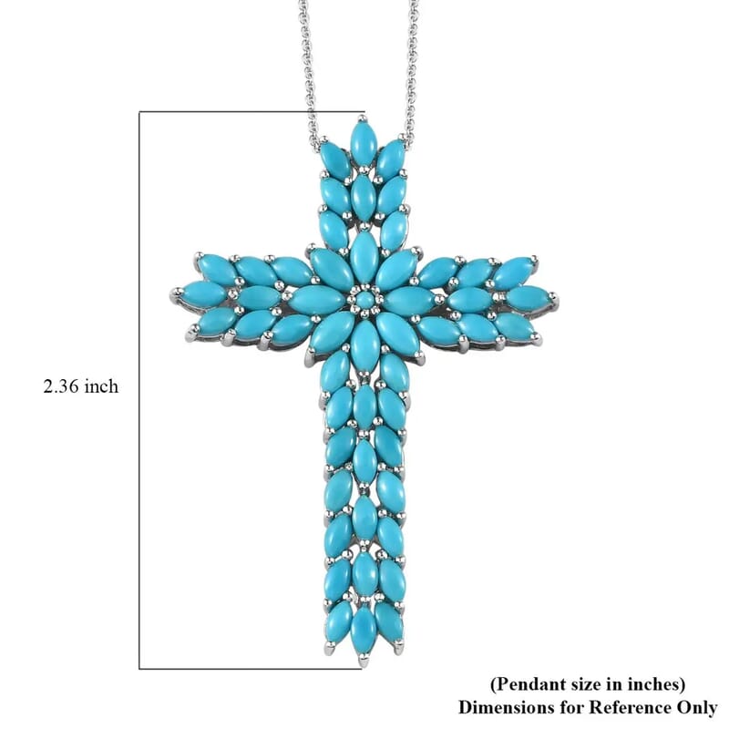 Sleeping Beauty Turquoise Cross Pendant Necklace (20 Inches) in Platinum Over Sterling Silver