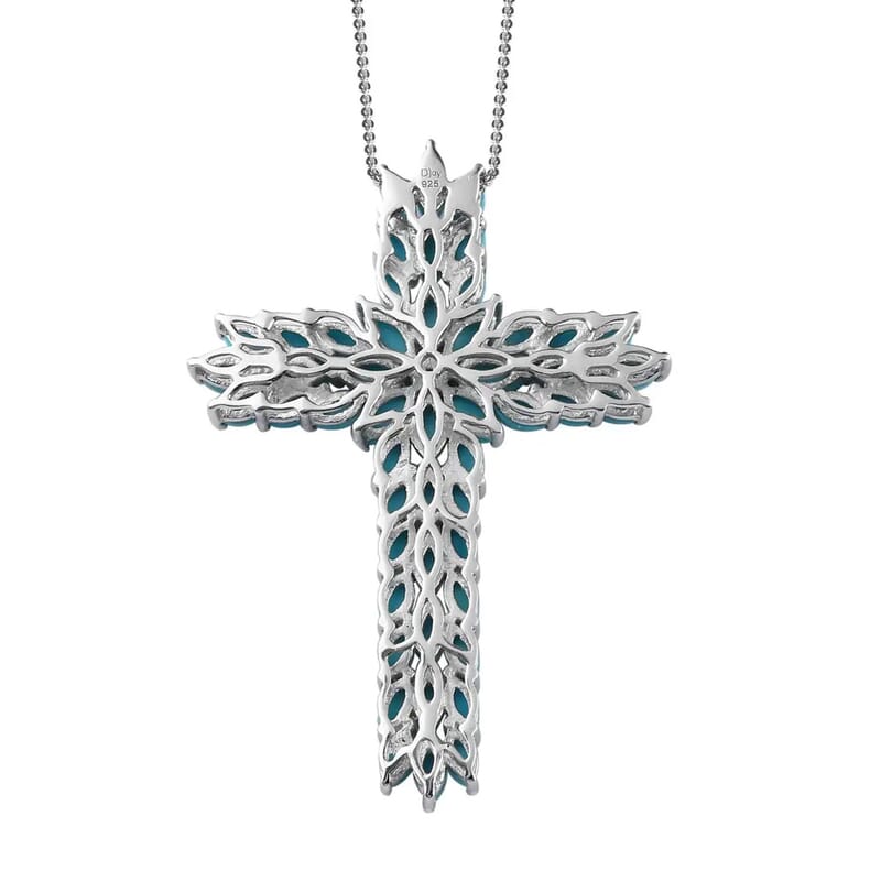 Sleeping Beauty Turquoise Cross Pendant Necklace (20 Inches) in Platinum Over Sterling Silver