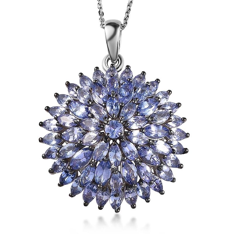 Tanzanite Floral Spray Pendant Necklace 20 Inches in Rhodium and Platinum Over Sterling Silver 4.75 ctw