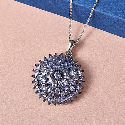 Tanzanite Floral Spray Pendant Necklace 20 Inches in Rhodium and Platinum Over Sterling Silver 4.75 ctw