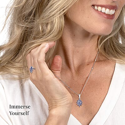 Tanzanite 2.10 ctw Flower Jewelry Set in Platinum Plated Sterling Silver, Tanzanite Flower Ring, Tanzanite Flower Pendant without Chain, Engagement Gifts For Women (Size 5.0)
