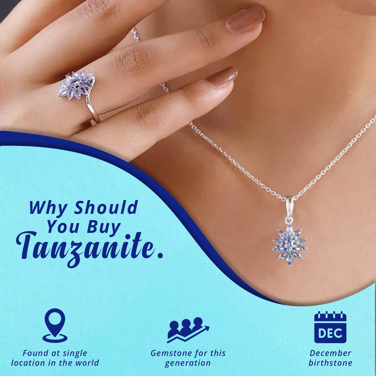 Mother’s Day Gift Tanzanite Flower Jewelry Set in Platinum Plated Sterling Silver, Tanzanite Flower Ring, Tanzanite Flower Pendant, Engagement Gifts For Women 2.10 ctw (Size 5.0) image number 2