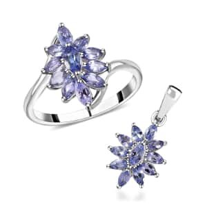 Tanzanite 2.10 ctw Flower Jewelry Set in Platinum Plated Sterling Silver, Tanzanite Flower Ring, Tanzanite Flower Pendant, Engagement Gifts For Women (Size 6.0)