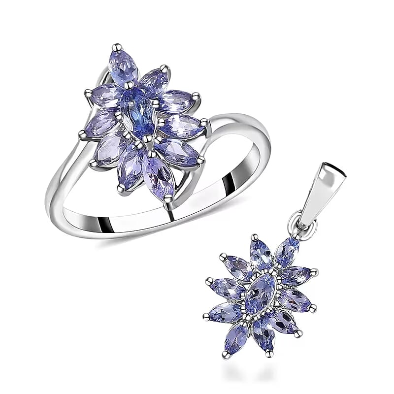 Tanzanite 2.10 ctw Flower Jewelry Set in Platinum Plated Sterling Silver, Tanzanite Flower Ring, Tanzanite Flower Pendant without Chain, Engagement Gifts For Women (Size 7.0)