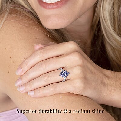Tanzanite 2.10 ctw Flower Jewelry Set in Platinum Plated Sterling Silver, Tanzanite Flower Ring, Tanzanite Flower Pendant without Chain, Engagement Gifts For Women (Size 7.0)