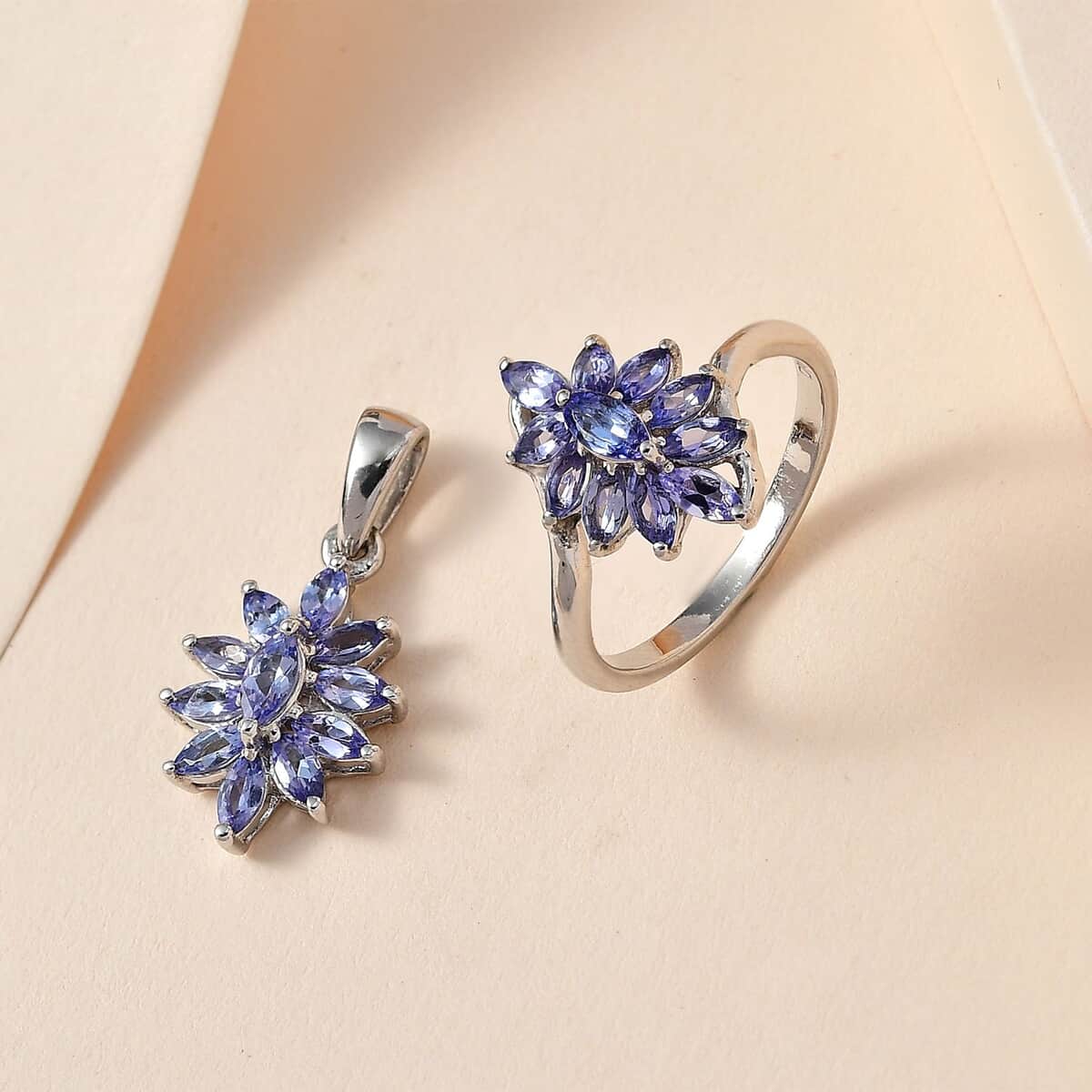 Tanzanite 2.10 ctw Flower Jewelry Set in Platinum Plated Sterling Silver, Tanzanite Flower Ring, Tanzanite Flower Pendant, Engagement Gifts For Women (Size 8.0) image number 1