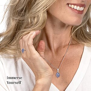 Tanzanite 2.10 ctw Flower Jewelry Set in Platinum Plated Sterling Silver, Tanzanite Flower Ring, Tanzanite Flower Pendant without Chain, Engagement Gifts For Women (Size 8.0)