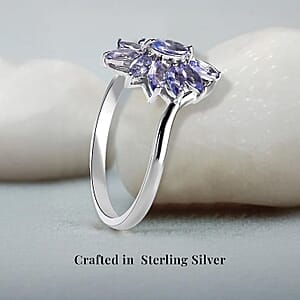 Tanzanite 2.10 ctw Flower Jewelry Set in Platinum Plated Sterling Silver, Tanzanite Flower Ring, Tanzanite Flower Pendant without Chain, Engagement Gifts For Women (Size 8.0)