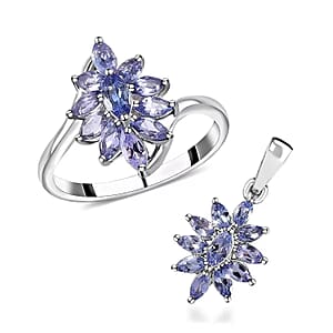Tanzanite 2.10 ctw Flower Jewelry Set in Platinum Plated Sterling Silver, Tanzanite Flower Ring, Tanzanite Flower Pendant without Chain, Engagement Gifts For Women (Size 9.0)