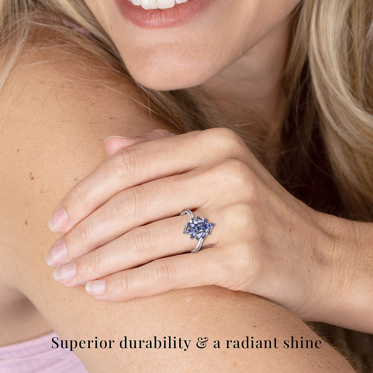 Tanzanite 2.10 ctw Flower Jewelry Set in Platinum Plated Sterling Silver, Tanzanite Flower Ring, Tanzanite Flower Pendant without Chain, Engagement Gifts For Women (Size 9.0) image number 3