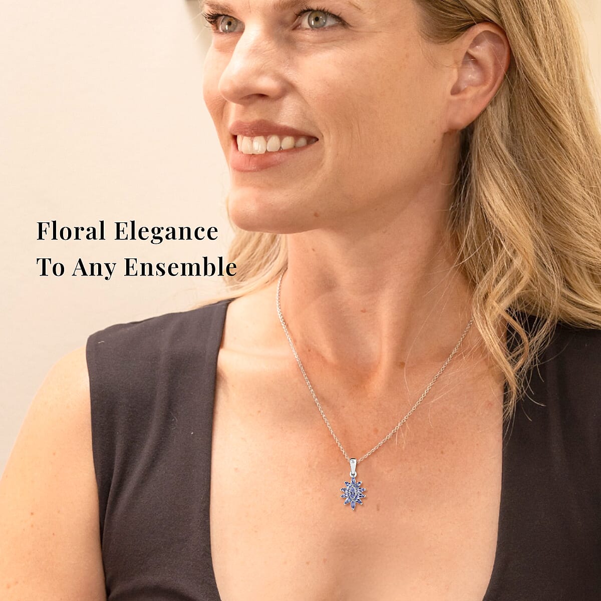 Tanzanite 2.10 ctw Flower Jewelry Set in Platinum Plated Sterling Silver, Tanzanite Flower Ring, Tanzanite Flower Pendant without Chain, Engagement Gifts For Women (Size 9.0) image number 4