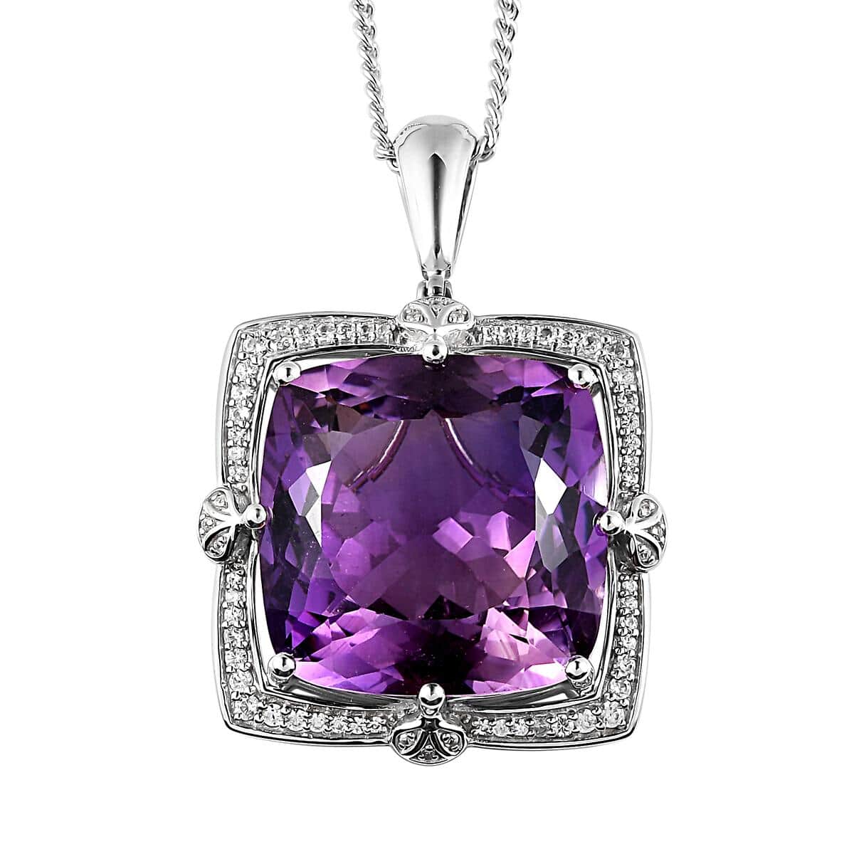 Lusaka Amethyst and Natural White Zircon Pendant Necklace 20 Inches in Platinum Over Sterling Silver 18.80 Grams 51.40 ctw image number 0
