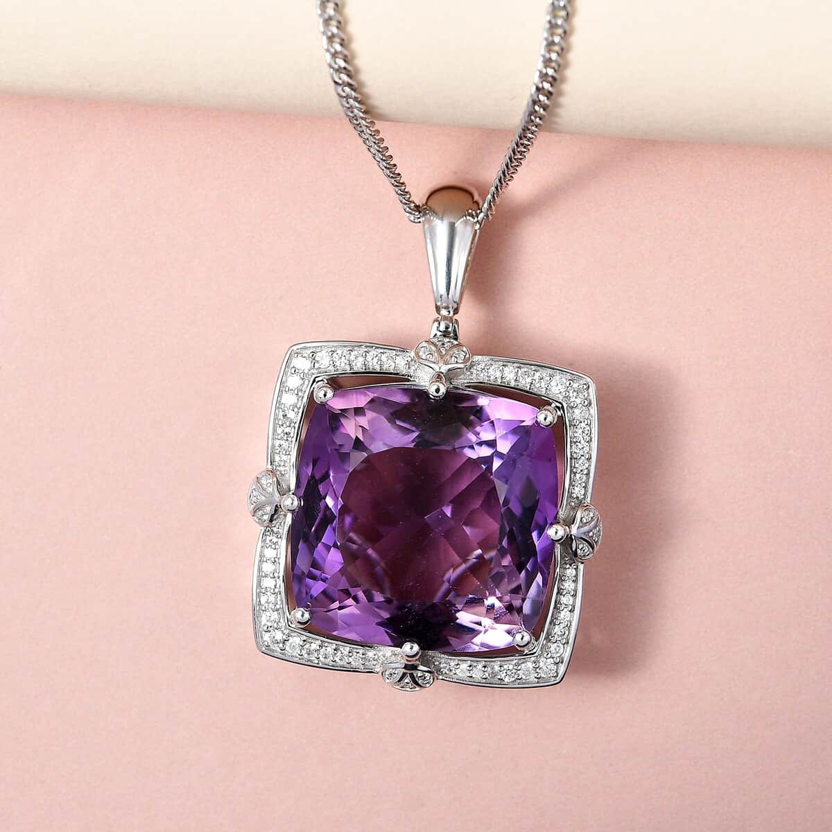 Lusaka Amethyst and Natural White Zircon Pendant Necklace 20 Inches in Platinum Over Sterling Silver 18.80 Grams 51.40 ctw image number 1