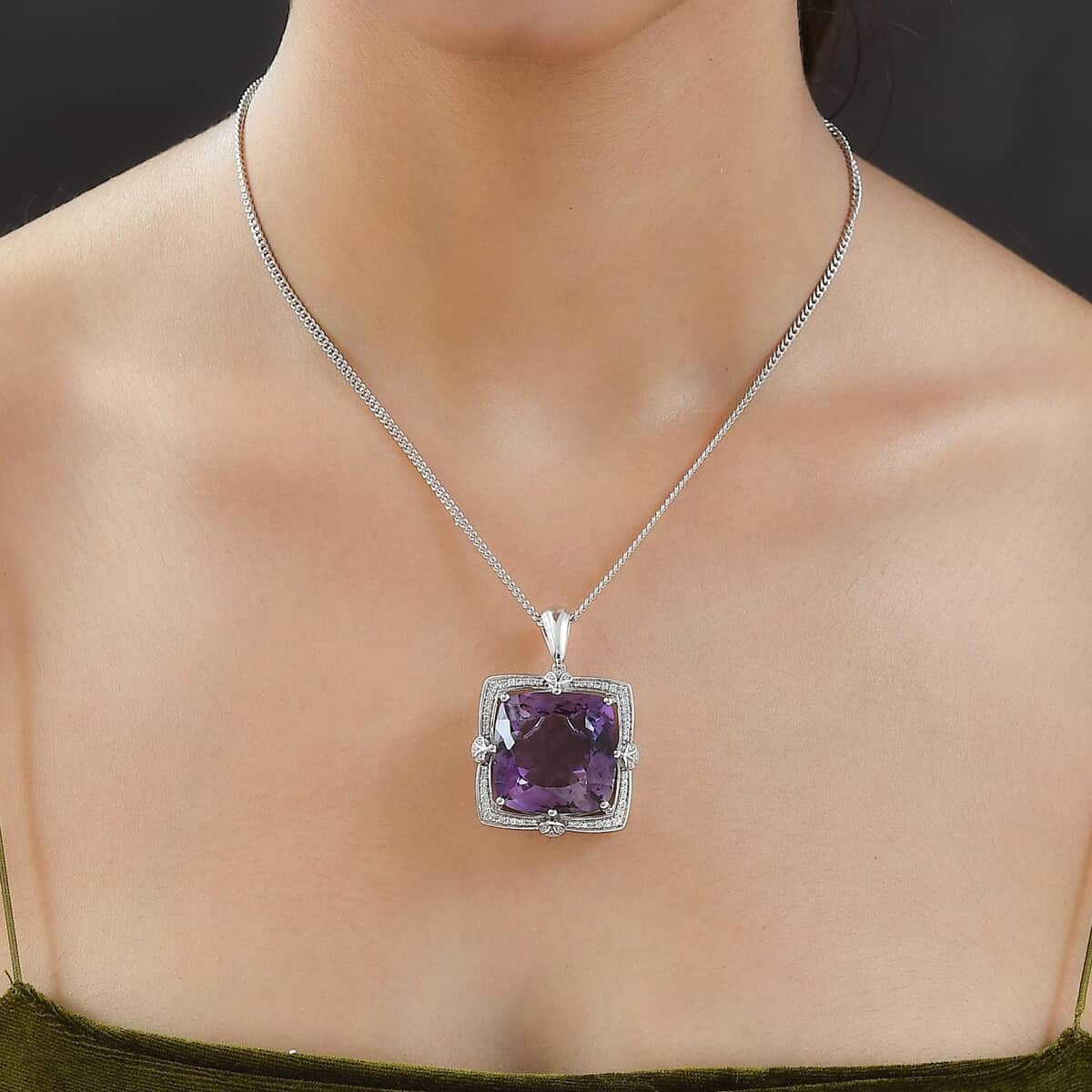 Lusaka Amethyst and Natural White Zircon Pendant Necklace 20 Inches in Platinum Over Sterling Silver 18.80 Grams 51.40 ctw image number 2
