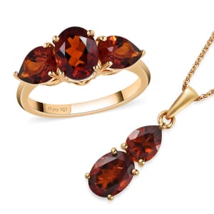 Brazilian Cherry Citrine 3 Stone Ring (Size 8.00) and Pendant Necklace 20 Inches in Vermeil Yellow Gold Over Sterling Silver 4.15 ctw
