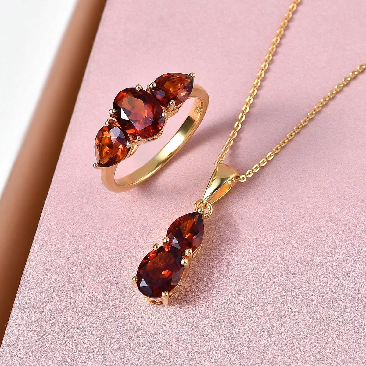 Brazilian Cherry Citrine 3 Stone Ring (Size 8.00) and Pendant Necklace 20 Inches in Vermeil Yellow Gold Over Sterling Silver 4.15 ctw image number 1
