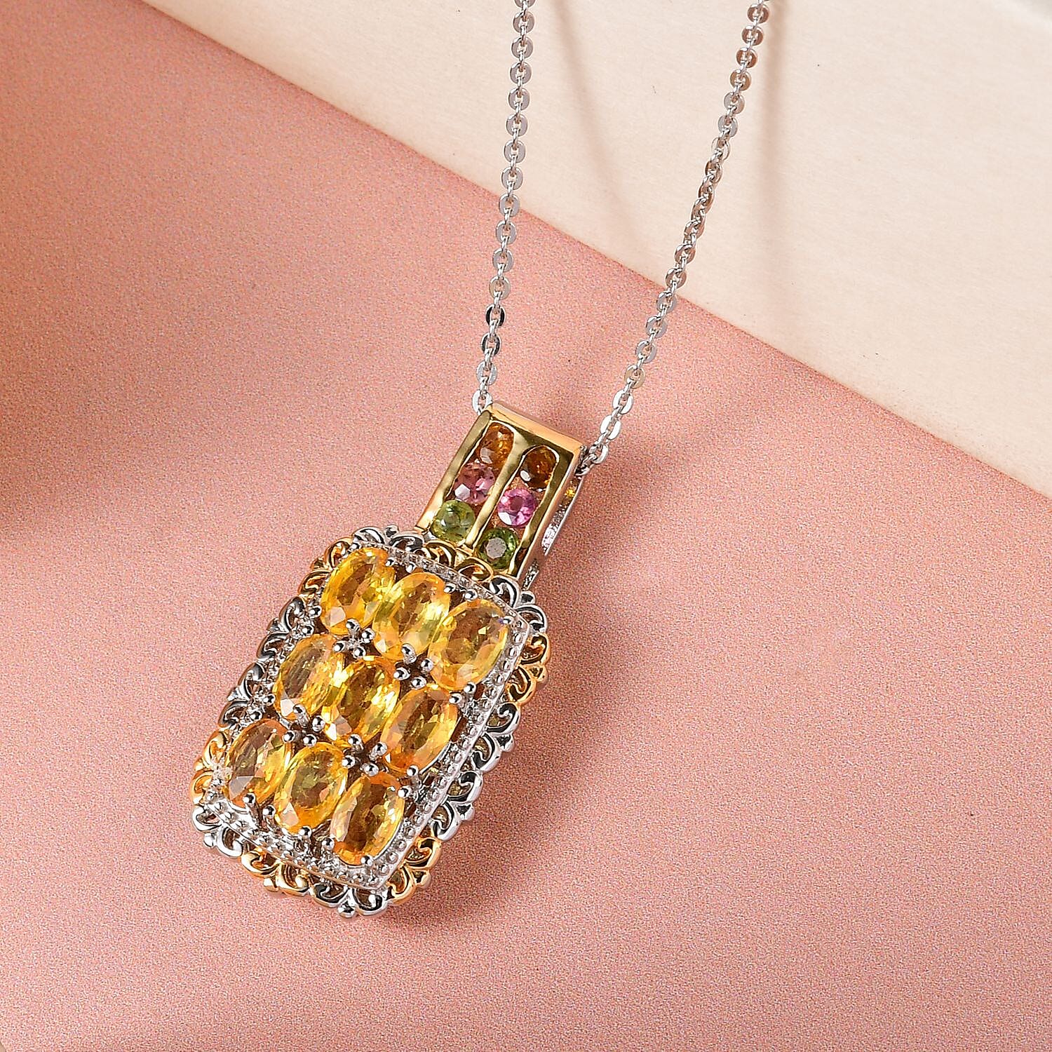 Madagascar Yellow Sapphire and Multi-Tourmaline Pendant Necklace 20 Inches in Vermeil YG and Platinum Over Sterling Silver 2.70 ctw