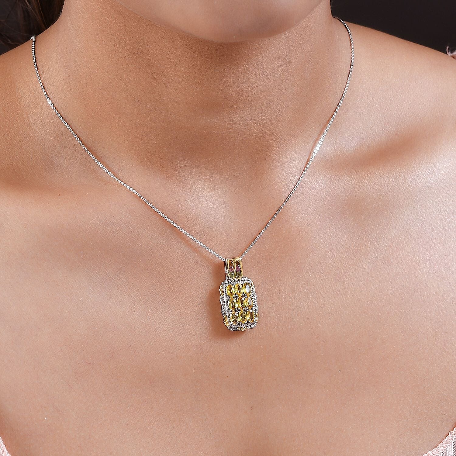 Madagascar Yellow Sapphire and Multi-Tourmaline Pendant Necklace 20 Inches in Vermeil YG and Platinum Over Sterling Silver 2.70 ctw