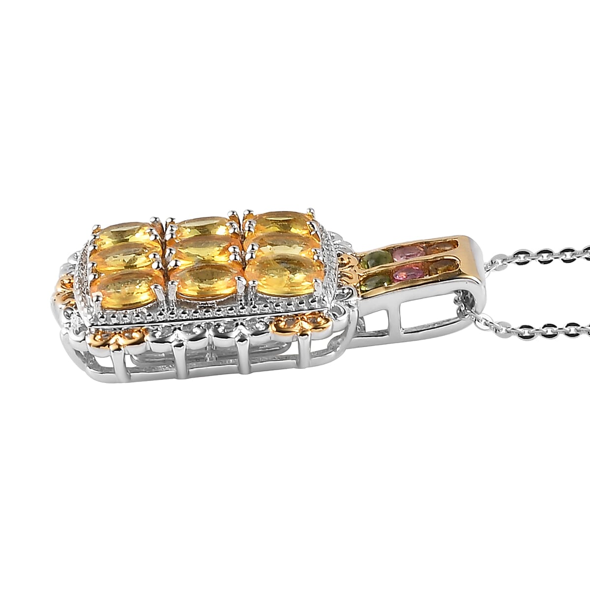 Madagascar Yellow Sapphire and Multi-Tourmaline Pendant Necklace 20 Inches in Vermeil YG and Platinum Over Sterling Silver 2.70 ctw