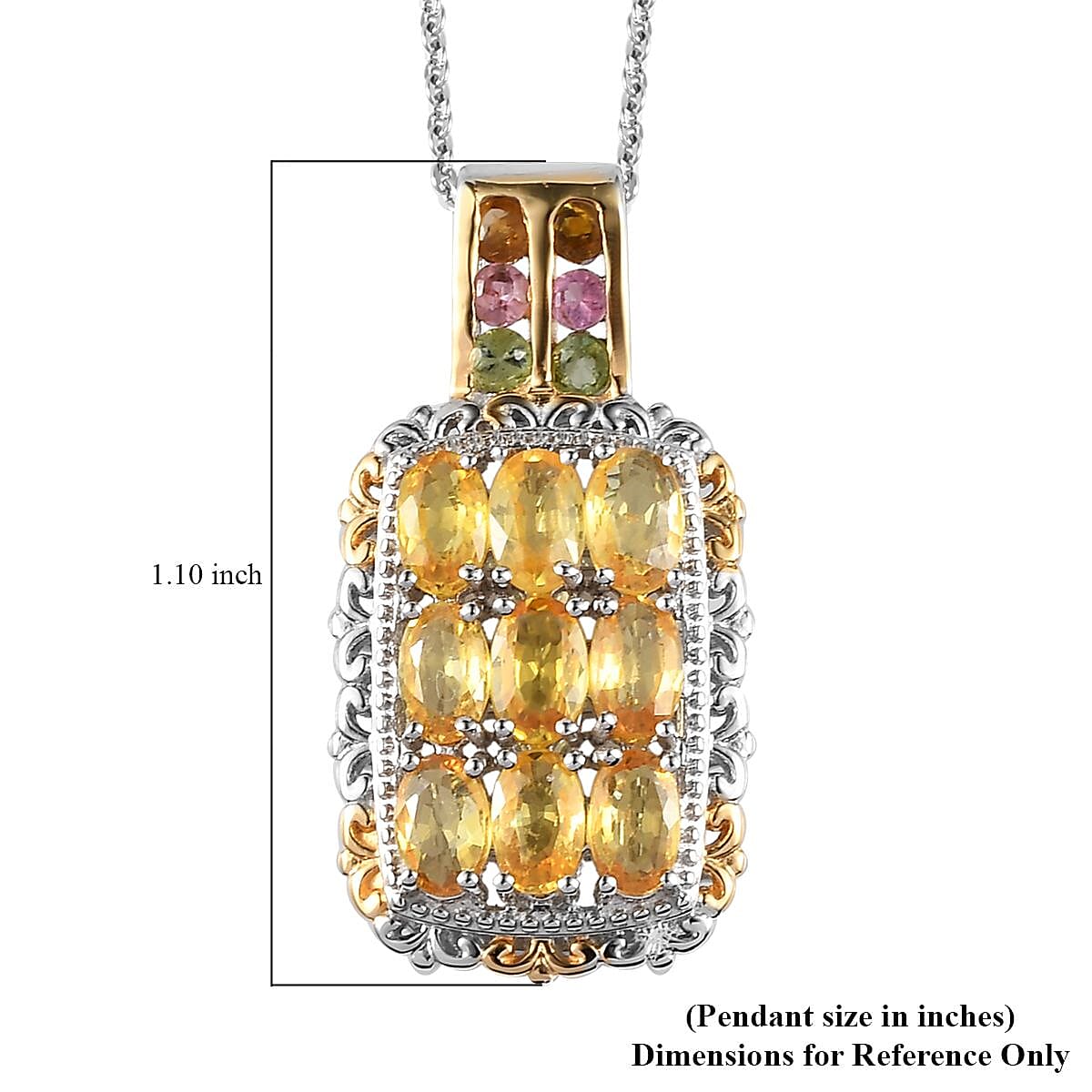 Madagascar Yellow Sapphire and Multi-Tourmaline Pendant Necklace 20 Inches in Vermeil YG and Platinum Over Sterling Silver 2.70 ctw