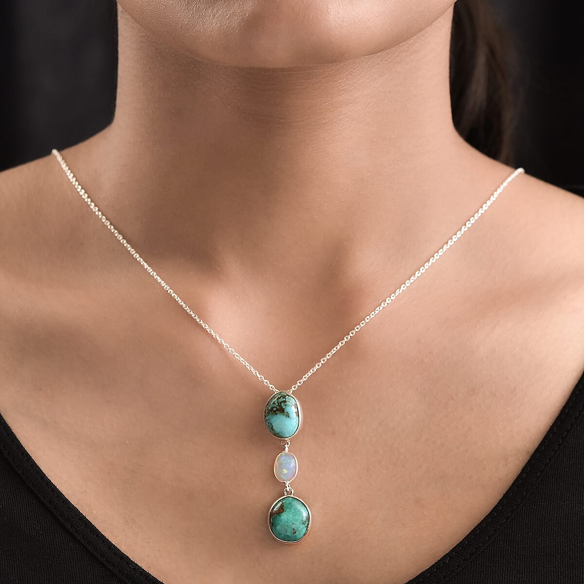 Artisan Crafted Sierra Nevada Turquoise and Ethiopian Welo Opal Pendant Necklace 20 inches in Sterling Silver 9.00 ctw image number 2