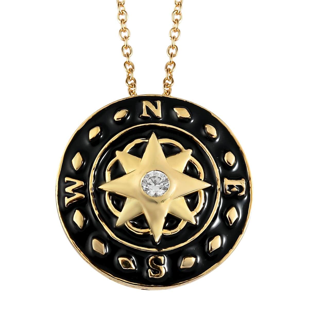 Karis White Zircon, Enameled Compass Style Pendant Necklace (20 Inches) in 18K YG Plated and ION Plated YG Stainless Steel 0.25 ctw , Tarnish-Free, Waterproof, Sweat Proof Jewelry image number 0