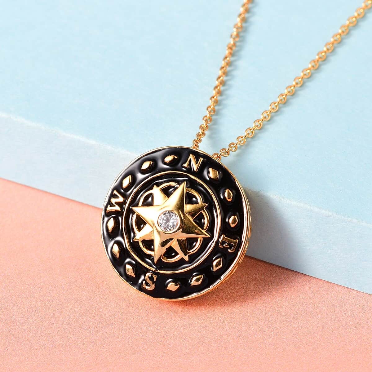Karis White Zircon, Enameled Compass Style Pendant Necklace (20 Inches) in 18K YG Plated and ION Plated YG Stainless Steel 0.25 ctw , Tarnish-Free, Waterproof, Sweat Proof Jewelry image number 1