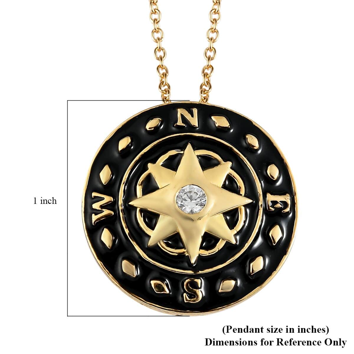 Karis White Zircon, Enameled Compass Style Pendant Necklace (20 Inches) in 18K YG Plated and ION Plated YG Stainless Steel 0.25 ctw , Tarnish-Free, Waterproof, Sweat Proof Jewelry image number 6