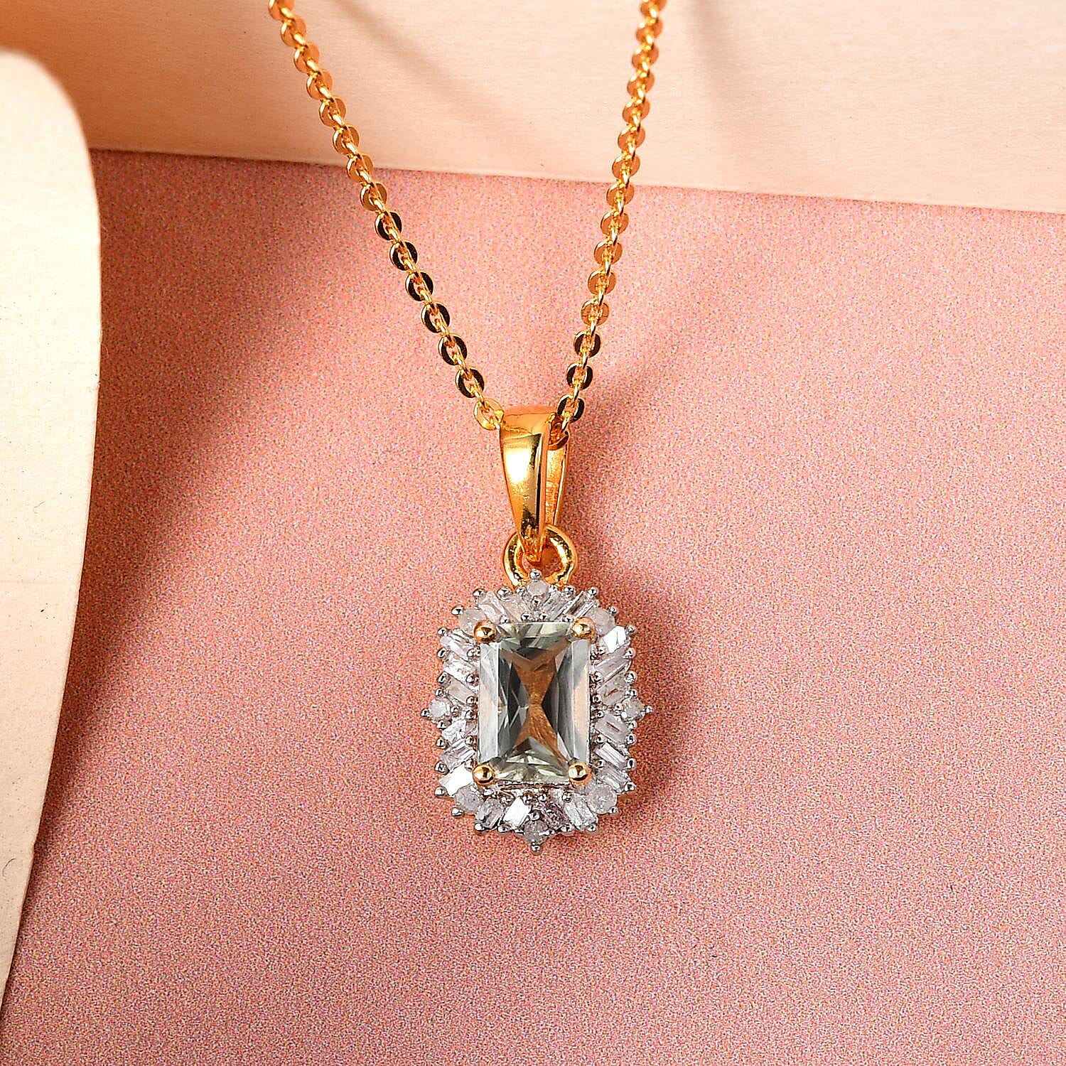 Radiant Cut AAA Turkizite Halo Pendant Necklace 20 Inches in Vermeil Yellow Gold Sterling Silver 0.75 ctw