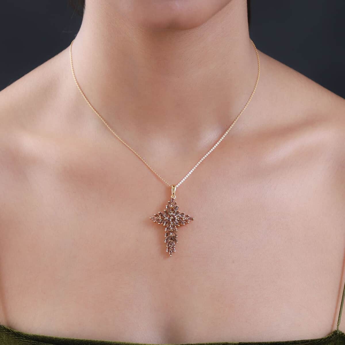 Jenipapo Andalusite and Natural White Zircon Cross Pendant Necklace 20 Inches in Vermeil Yellow Gold Over Sterling Silver 4.00 ctw image number 2