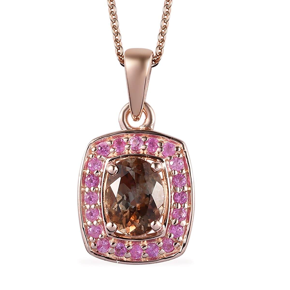 Jenipapo Andalusite and Madagascar Pink Sapphire Halo Pendant Necklace 20 Inches in Vermeil Rose Gold Over Sterling Silver 1.75 ctw image number 0