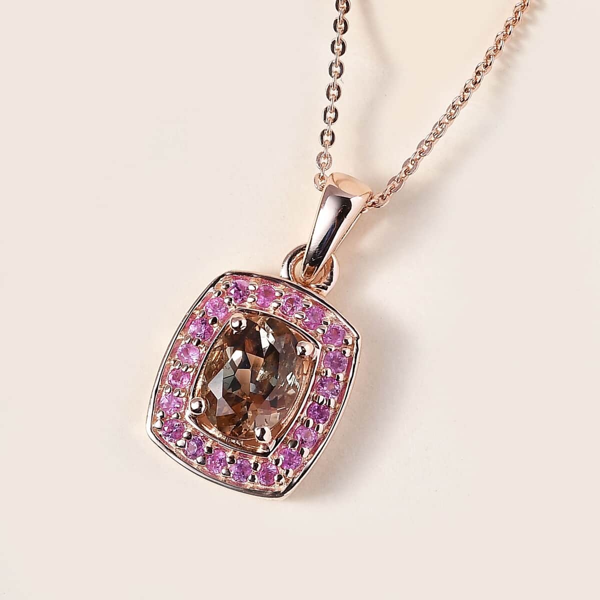 Jenipapo Andalusite and Madagascar Pink Sapphire Halo Pendant Necklace 20 Inches in Vermeil Rose Gold Over Sterling Silver 1.75 ctw image number 1