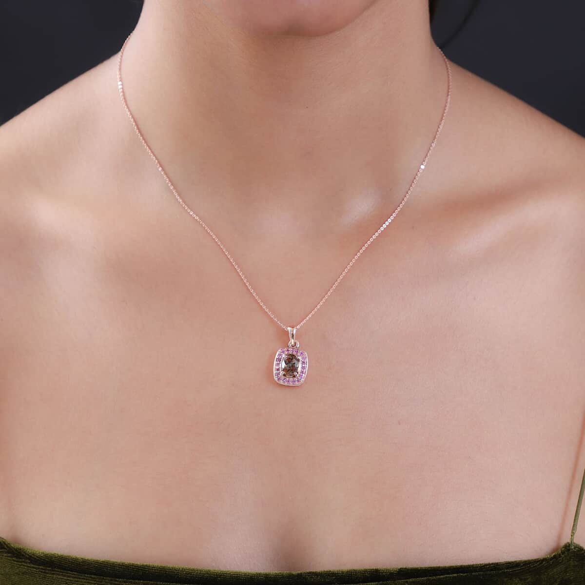 Jenipapo Andalusite and Madagascar Pink Sapphire Halo Pendant Necklace 20 Inches in Vermeil Rose Gold Over Sterling Silver 1.75 ctw image number 2
