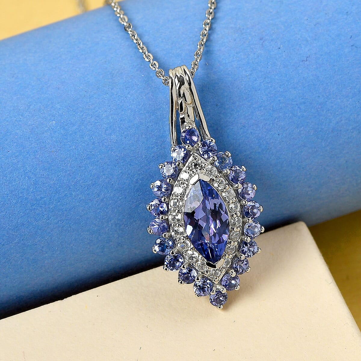 Tanzanite and White Zircon Elongated Pendant Necklace 20 Inches in Platinum Over Sterling Silver 2.15 ctw image number 1