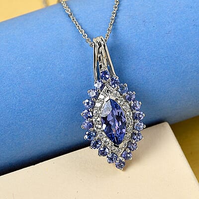Tanzanite and White Zircon Elongated Pendant Necklace 20 Inches in Platinum Over Sterling Silver 2.15 ctw