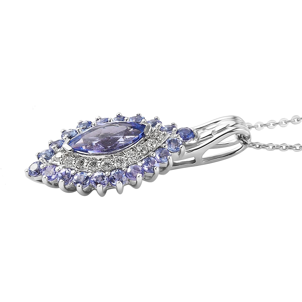Tanzanite and White Zircon Elongated Pendant Necklace 20 Inches in Platinum Over Sterling Silver 2.15 ctw image number 3