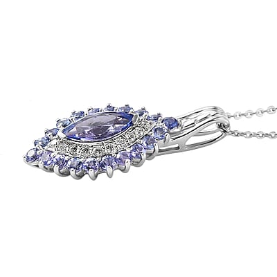 Tanzanite and White Zircon Elongated Pendant Necklace 20 Inches in Platinum Over Sterling Silver 2.15 ctw