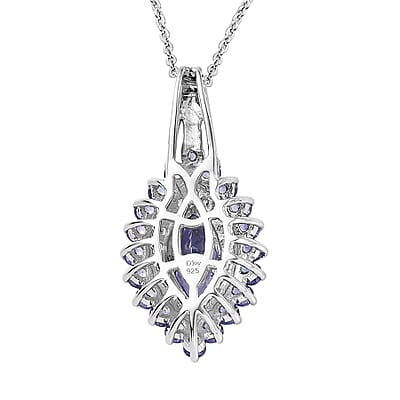 Tanzanite and White Zircon Elongated Pendant Necklace 20 Inches in Platinum Over Sterling Silver 2.15 ctw