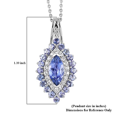 Tanzanite and White Zircon Elongated Pendant Necklace 20 Inches in Platinum Over Sterling Silver 2.15 ctw
