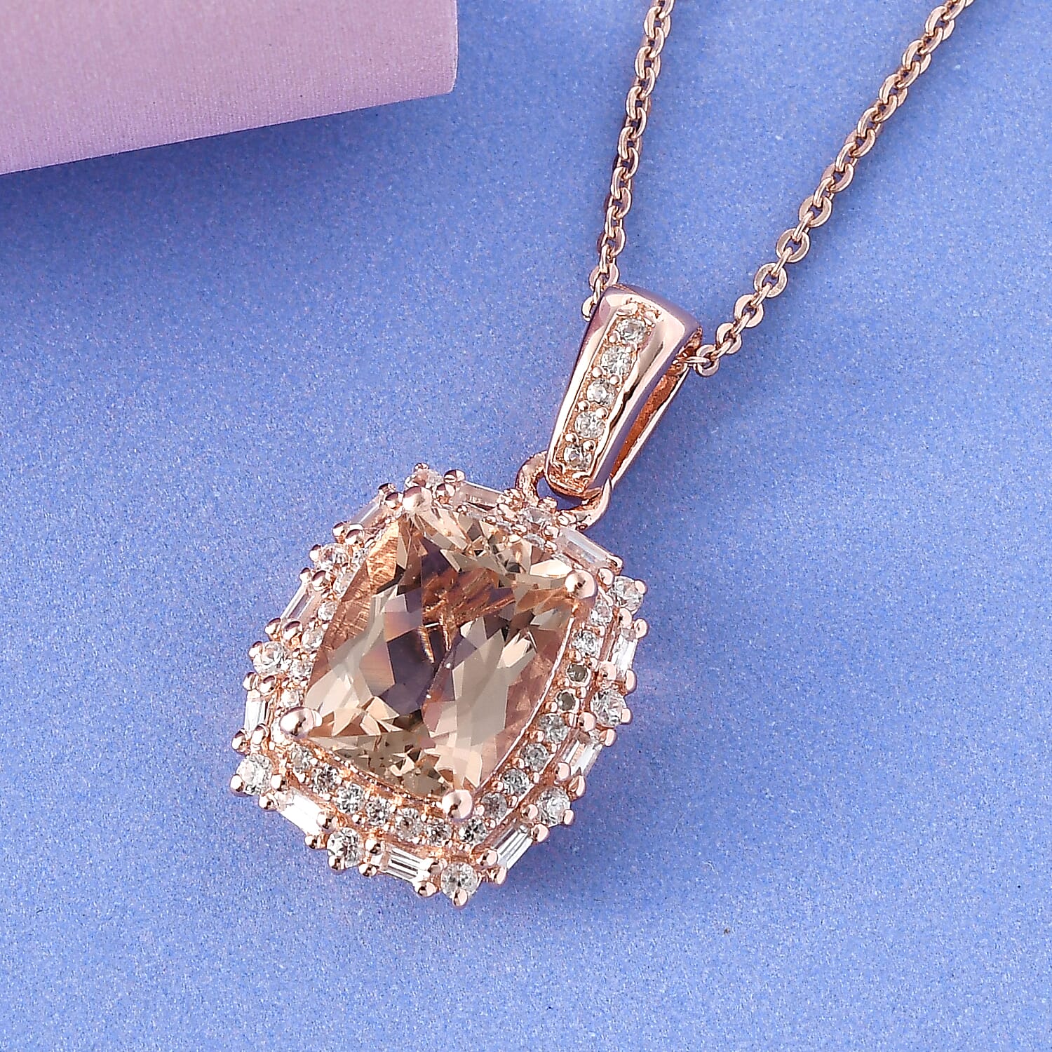 Marropino Morganite and Natural White Zircon Pendant Necklace 20 Inches in Vermeil Rose Gold Over Sterling Silver 2.50 ctw